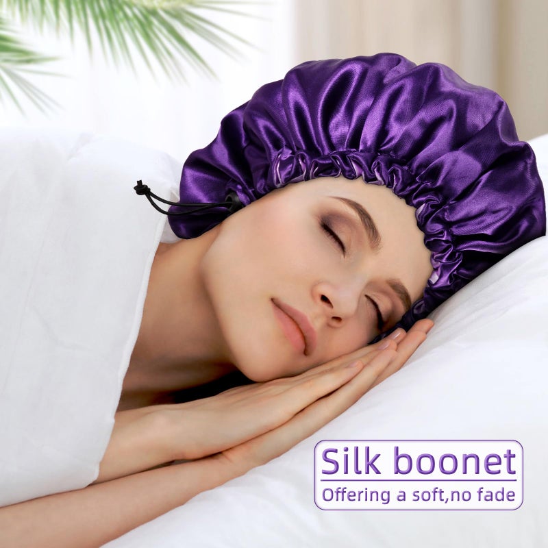 Edoneery Satin Bonnet Silk Bonnet for Curly Hair Bonnet Braid Bonnet for Sleeping Bonnets for Women Large Double-Layer Adjustable Purple - Image 3